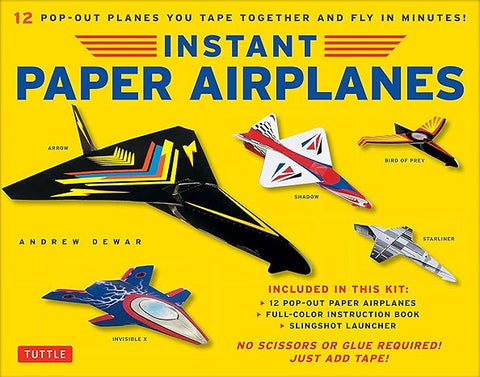 Instant Paper Airplanes Kit: 12 Pop-out Airplanes You Tape Together and Fly in Minutes! [12 precut pop-out airplanes; slingshot launcher, tape & full-color book] - MPHOnline.com