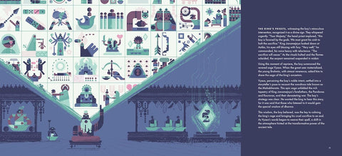 A two-page spread from inside MAHABHARATA: DESIGNS OF DHARMA, a bold, modern retelling of India’s greatest epic by acclaimed author/illustrator Sanjay Patel. Now at MPHOnline.com.