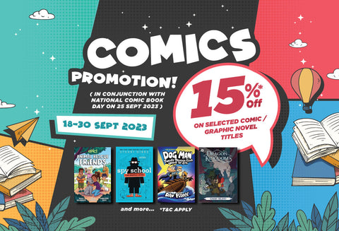 Comics promotion 15% off selected comics 18-30 September 2023.