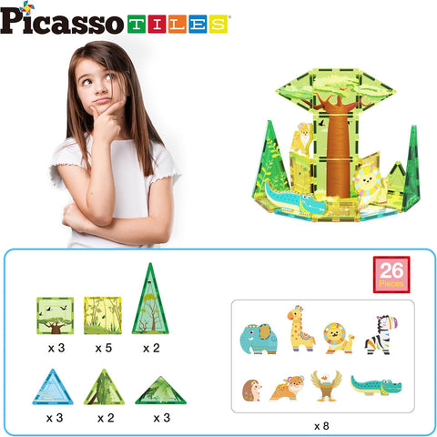 PICASSO TILES: Magnetic Tile Safari Theme with 8 Action Figures (26pcs) - MPHOnline.com
