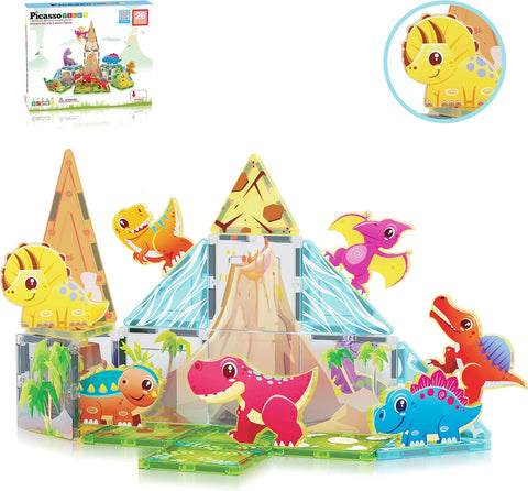 PICASSO TILES: Magnetic Tile Dino Theme with 8 Action Figures (26pcs) - MPHOnline.com