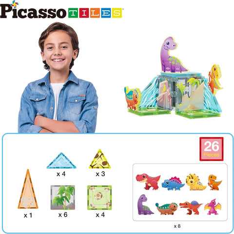 PICASSO TILES: Magnetic Tile Dino Theme with 8 Action Figures (26pcs) - MPHOnline.com