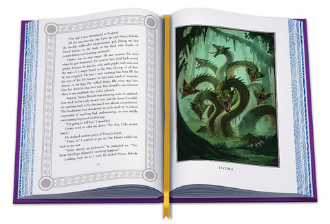 A look inside the gorgeous, foiled edition of PERCY JACKSON AND THE OLYMPIANS: THE SEA OF MONSTERS with new interior art. Shown here is a page from the book with an illustration of the hydra. 