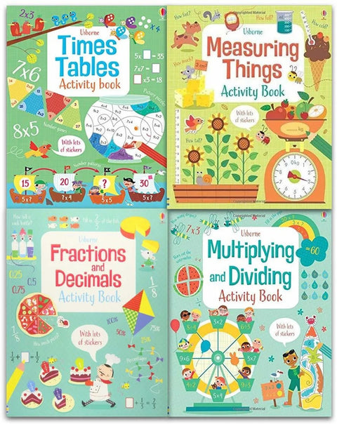 Usborne Maths Activity Collection 4 Books Set (Fractions and Decimals, Measuring Things, Times Tables, Multiplying and Dividing) - MPHOnline.com